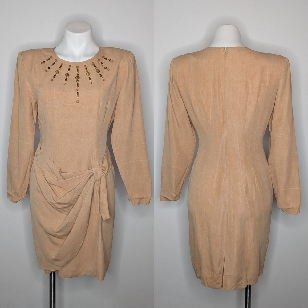 Vintage Scarlett tan gold & wood bead accent long sleeve knee length dress 5/6